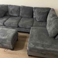New Gray Corduroy Sectional Couch with Storage Ottoman! Includes Free Delivery 🚚! 