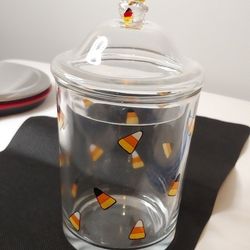 Halloween fall gnome candy corn Clear Glass Apothecary Jar with Lid 