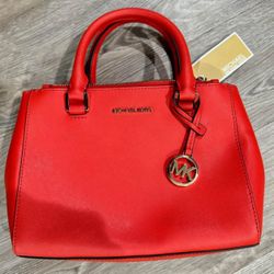 MICHAEL KORS SUTTON RED GLOSSY SAFFIANO LEATHER SATCHEL BAG PURSE - small stain on bottom of bag probably could be cleaned