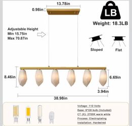 R4) Alabaster Chandelier, 39" 6-Light Linear Chandelier with Bulb, Rectangular Chandeliers for Dining Room, Large Chandeliers for Kitchen Over Table,