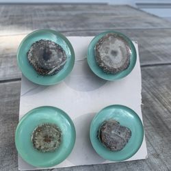 Set of 4 Handmade Sea Green embedded Resin Round Cabinet Knobs Drawer Pulls 2”
