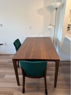 Modern Walnut Dining Table with 2 Green Velvet Chairs