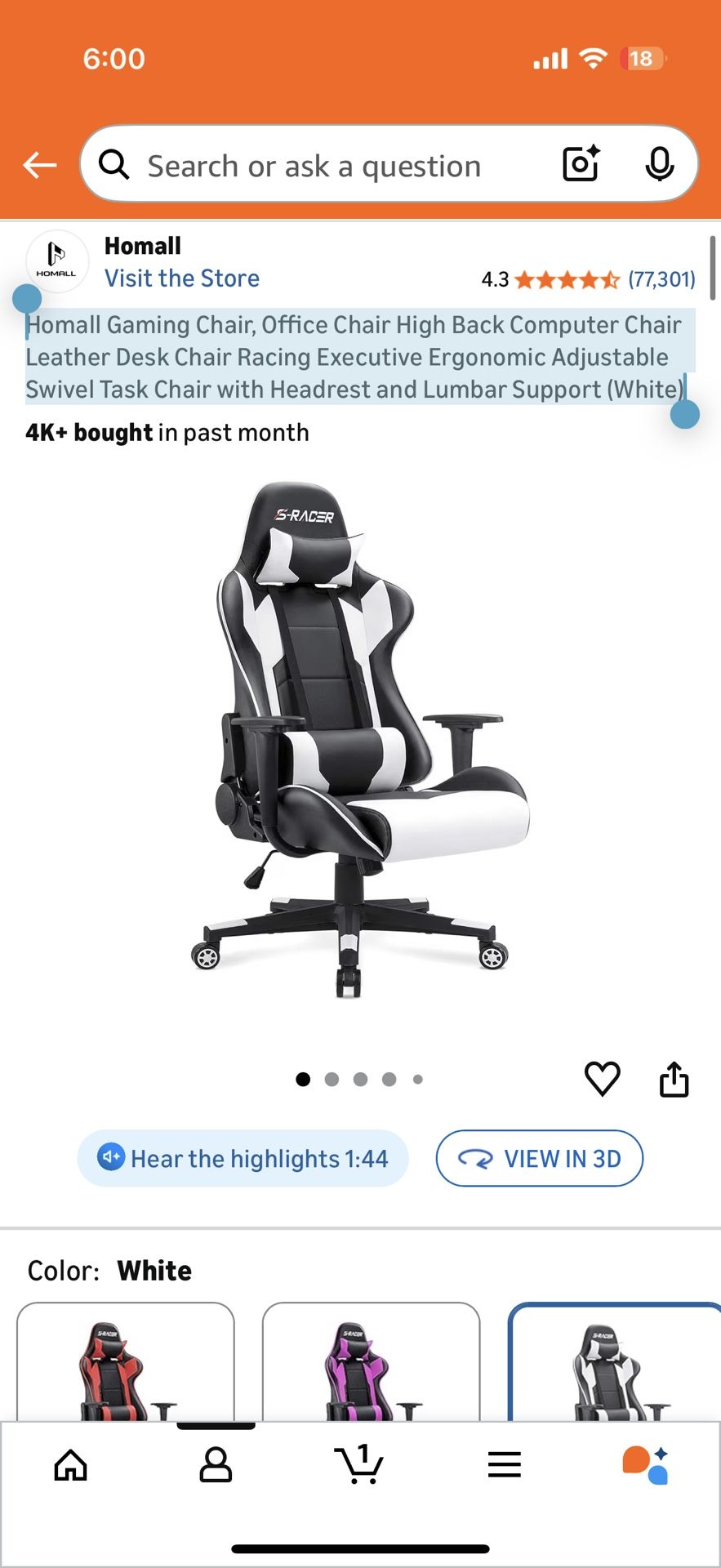 Homall Gaming Chair, Office Chair High Back Computer Chair Leather Desk Chair Racing Executive Ergonomic Adjustable Swivel Task Chair with Headrest an