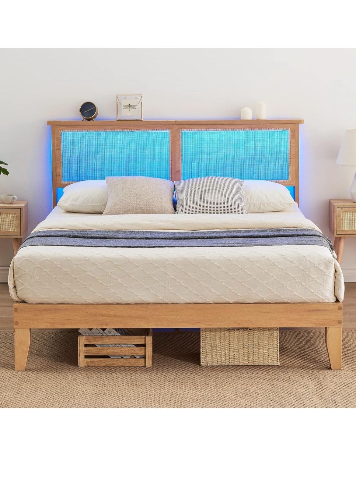 Solid Wood Queen Bed Frame with Natural Rattan Headboard and accent lights- new in box
