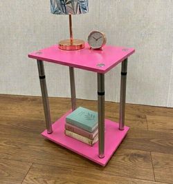 Adjustable Pink Wood Silver Nightstand Side Accent Table