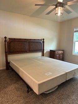 Bedroom set- 2 night stands, dresser with mirror, bed frame (California king)