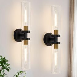 Set of Two, Black and Gold Bathroom Sconces Wall Lighting with Clear Glass