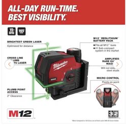 Milwaukee M12 12-Volt Lithium-lon Cordless Green 125 ft. Cross Line and Plumb Points Laser Level with 4.0 Ah Battery and Charger