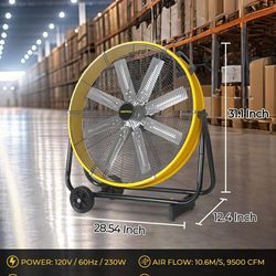 New-24 Inch Industrial Floor Fan, 3-Speed High Velocity Shop Fan with 8 Blades, Heavy Duty Drum Fan 9500 CFM, Large Metal Garage Fans for Warehouse, O