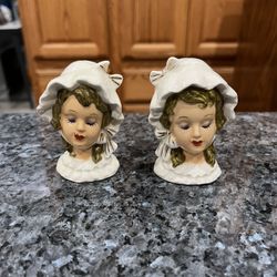 Vintage Collectible Salt and Pepper shaker, women with bonnets, ceramic hand painted.  Preowned one lady has a black ink mark by her mouth see picture