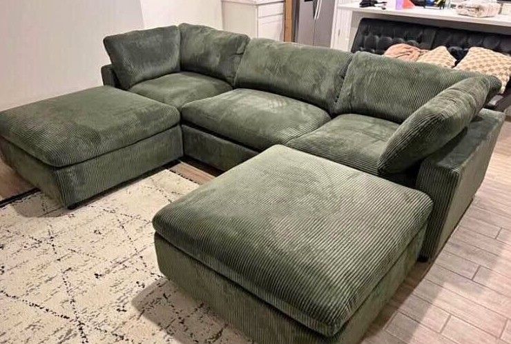 5Pc Extra large dark green corduroy sectional sofa