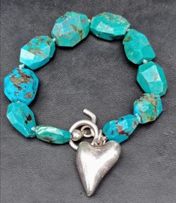 Sterling Silver .925 Chunky Faceted Turquoise Pyrite Heart Toggle Bracelet