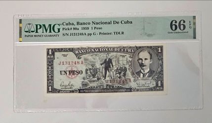 1 peso 1959 cuba Jose Marti PMG 66