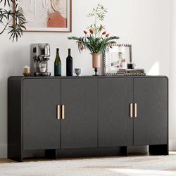 60" Sideboard Buffet Cabinet with Adjustable Shelves Storage, Black Curved Design Sideboard with 4 Doors & 4-Tier Shelving Meets Various Needs,Mid Cen