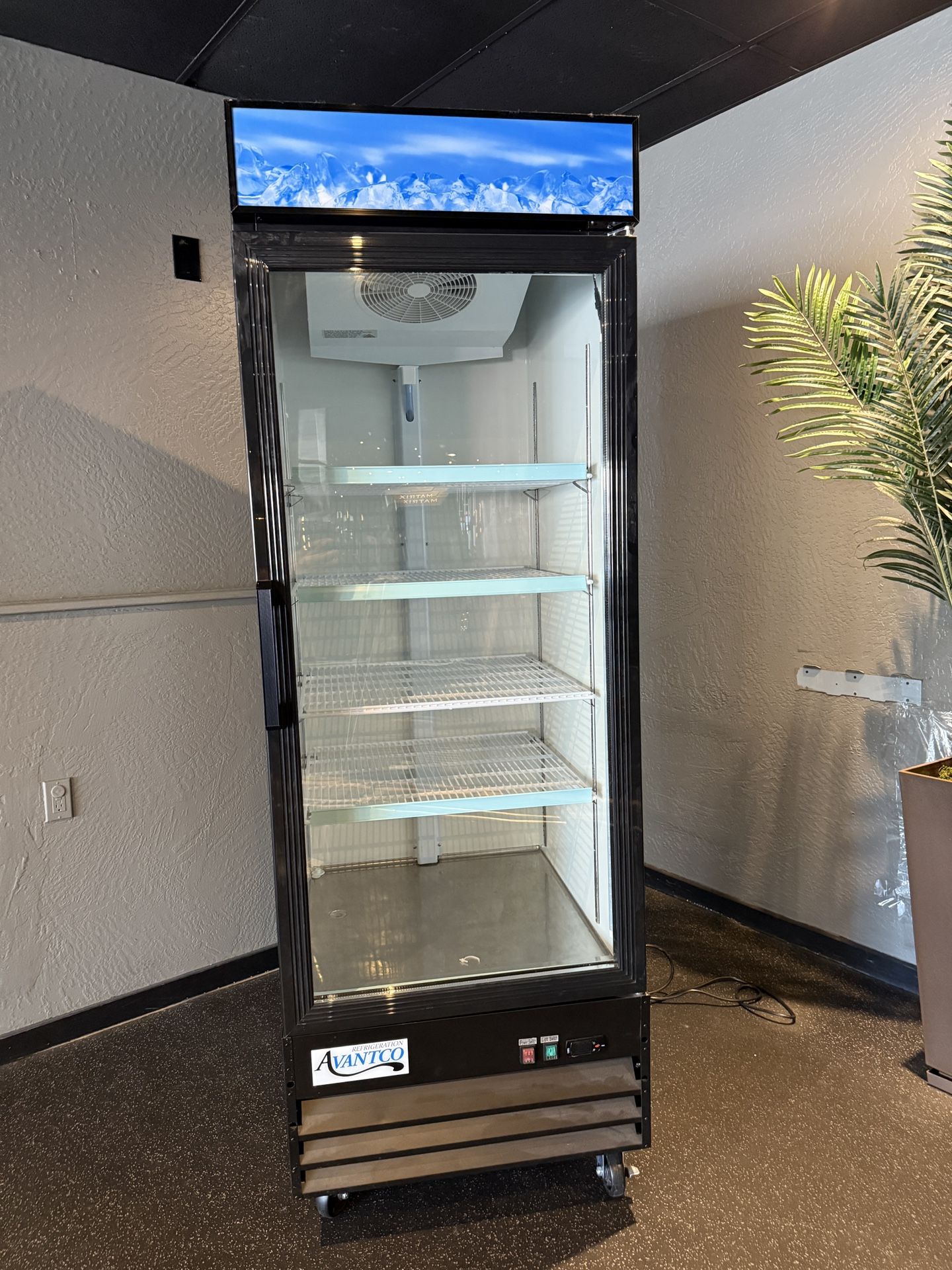 Avantco Black Swing Glass Door Merchandiser Refrigerator with LED Lighting