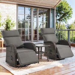 Pocassy Reclining Patio Chair with Adjustable Backrest - 2 Swivel Chairs with Table - Grey Cushion