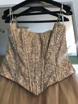 Jessica McClintock gold dress with shawl