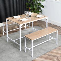 Homy Casa Lomaner 3PC Kitchen Dining Set 43.3” Table with 2 Benches in Light Oak Finish