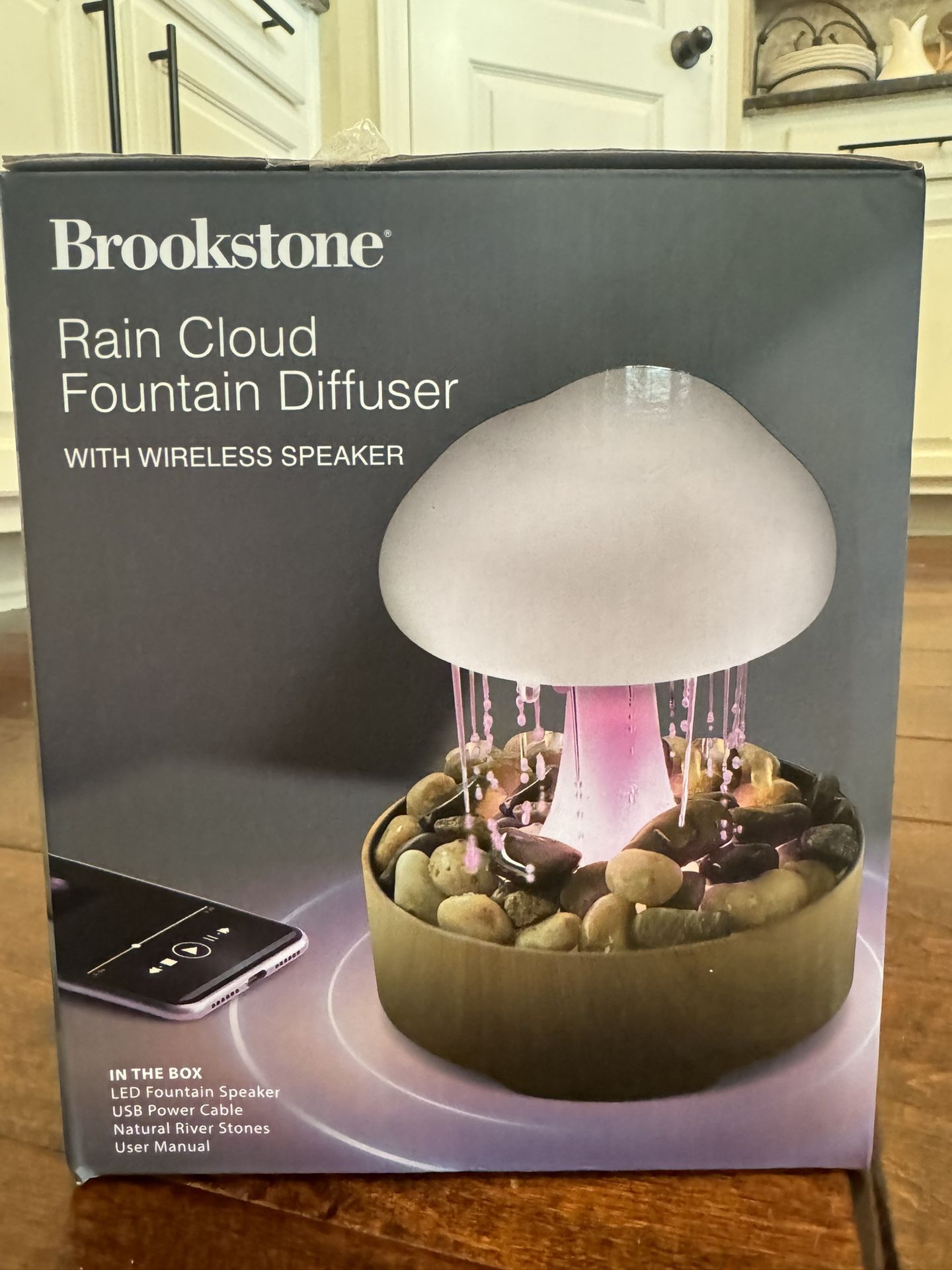 NIB Brookstone Rain Cloud Fountain Diffuser With Wireless Speaker