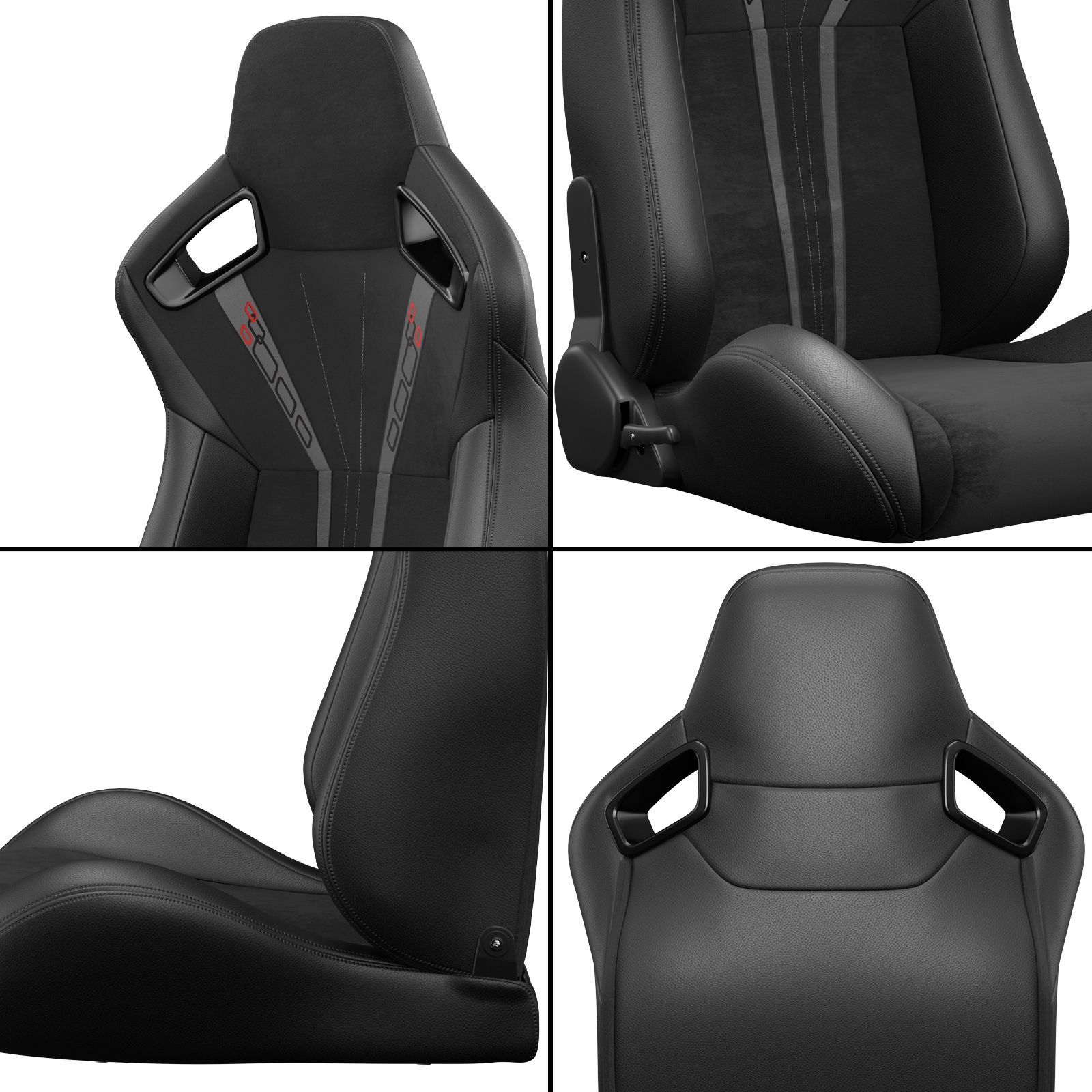2PC Universal Bucket Racing Seats Red Stitch Red PVC Leather Reclinable Carbon Look Leather Back With Adjustor Slider(Not Including Seat Bracket ) 1 b