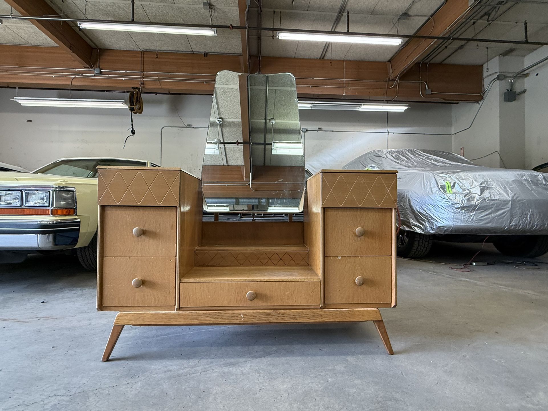 1950s James Phillips and sons blonde vanity dresser with mirror