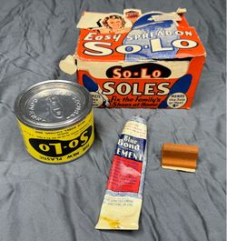Vintage So-Lo Shoe Repair Kit Blue Bond Cement Box Tin Complete Set