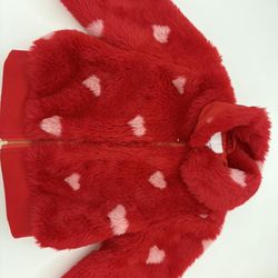 Janie and Jack- Red faux fur hooded jacket with pink hearts