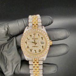 Gold 2 Tone Moissanite Full Bustdown Iced Out Watch 