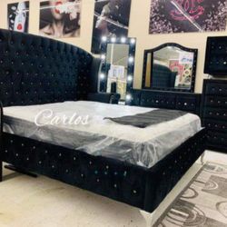 New King Size Olivia Black Five Piece Bedroom Set With Dresser Mirror Chest Nightstand Bed Frame Without Mattress And Free Delivery