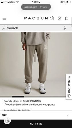 Fear of God Essentials Heather Grey University Fleece Sweatpants - Large