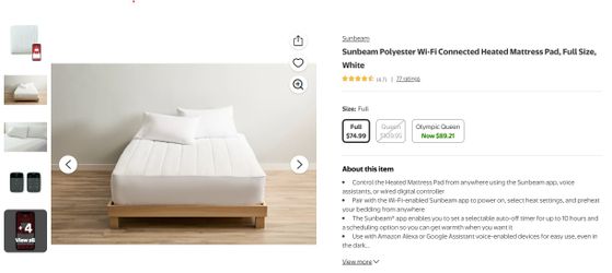 Sunbeam Polyester Wi-Fi Connected Heated Mattress Pad, Full Size, White