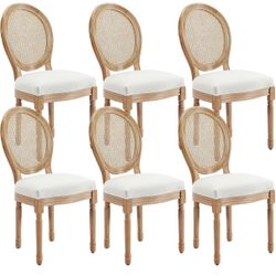 Rattan Dining Chairs Set of 6 French Country Dining Chairs with Round Back, Farmhouse Upholstered Dining Accent Chairs, Mid Century Modern, Linen Fabr