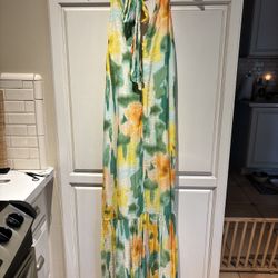 1. State dress size S long ties behind neck zipper down back inner lining