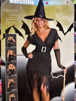 New, Women’s 6 styles in 1 Witch Costume. Includes broom size Medium