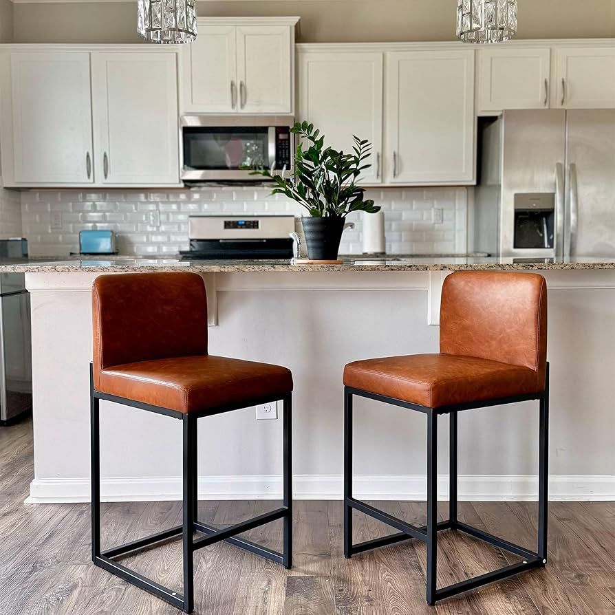 Bar Stools Set of 2 - Counter Height 24'' Bar Stool Pu Leather Kitchen Modern Bar Chairs, Bar Stools with Back