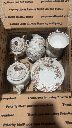 Japanese Style Tea Set and Serving Pieces, White with Gold Bamboo Design