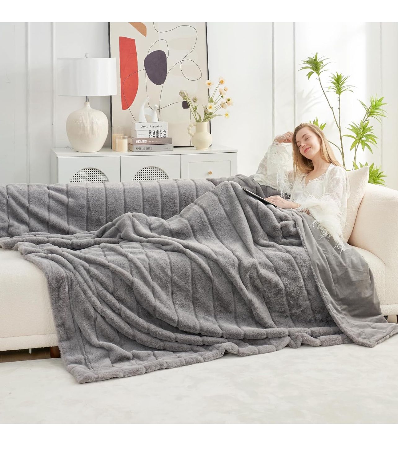 Brandnew 60”x80” Faux Fur Throw Blanket for Couch, Cozy Soft Plush Thick Winter Blanket for Sofa Bedroom Living Room, 60 * 80 Inches Grey