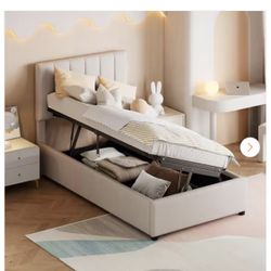 Beige Wood Frame Twin Size Linen Upholstered Platform Bed with Hydraulic Storage System