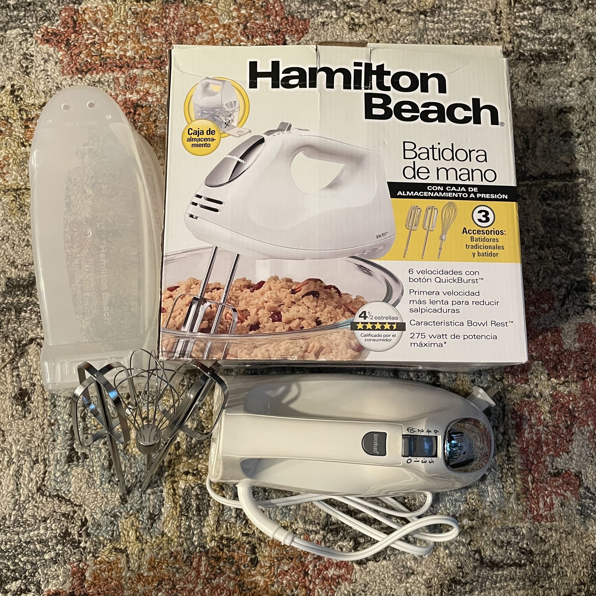 Hamilton Beach 6-Speed Hand Mixer with Case in White. 62632R. Originally $25.