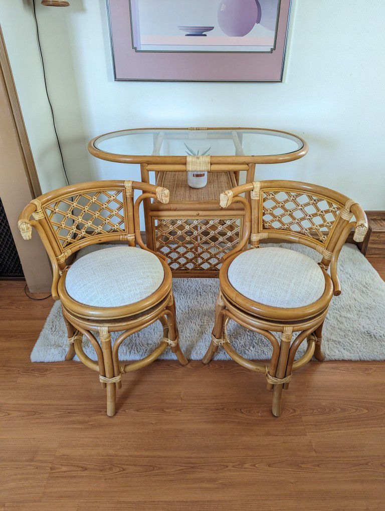 Bamboo Rattan Boho Honeymoon Breakfast Dining Table & Swiveling Chairs