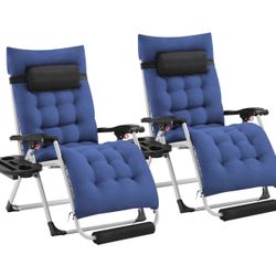 29in Zero Gravity Chair, Foldable Premium Reclining Lounge Recliner w/Removable Pad & Pillow & Side Accessory Tray for Indoor and Outdoor Navy Blue 2P