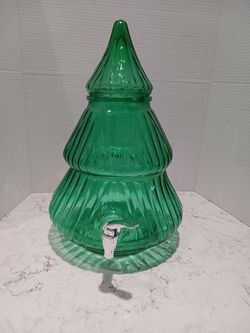 "Holiday Time" Green Glass Christmas Tree Beverage Dispenser 