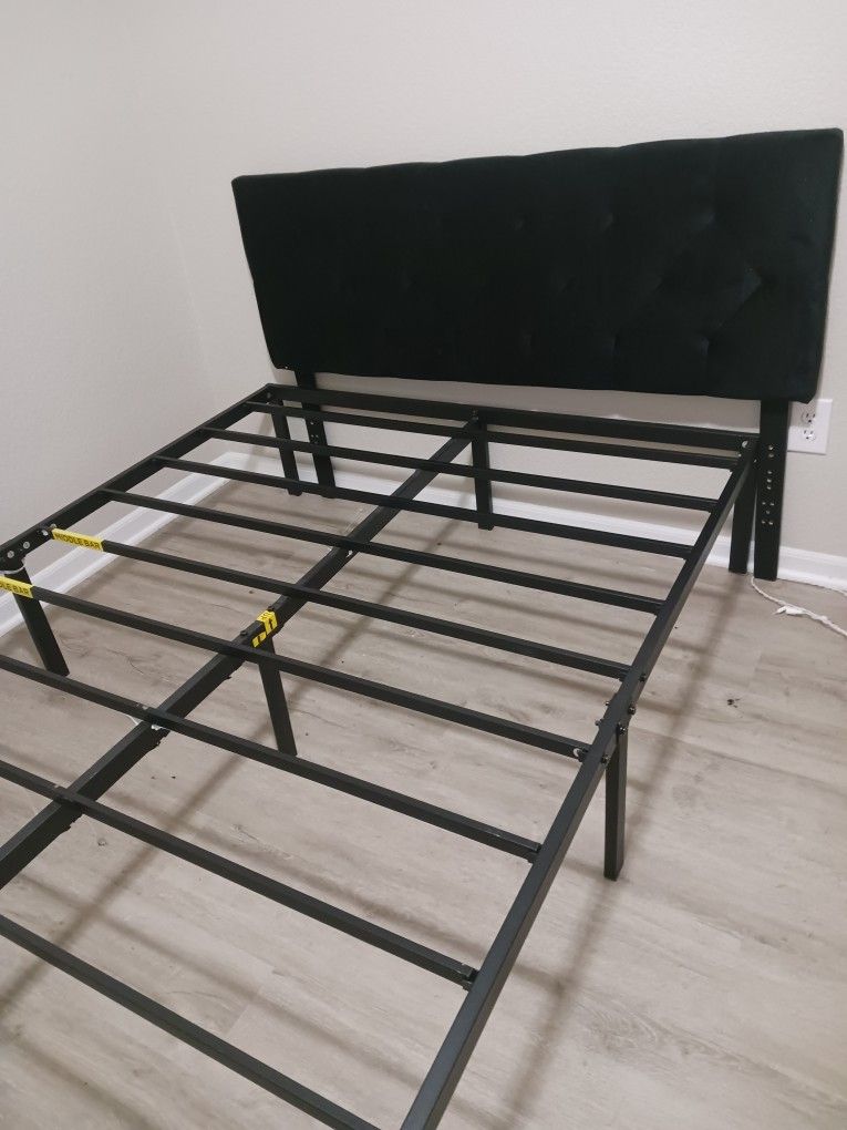 FULL SIZE BED FRAME AND BLACK VELOUR HEADBOARD