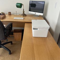 Wood Desk and Return With Desk Chair and Small Matching Cabinet With Drawer