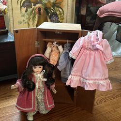 Beautiful! Porcelain Doll With Wooden Wardrobe & Clothes !!!