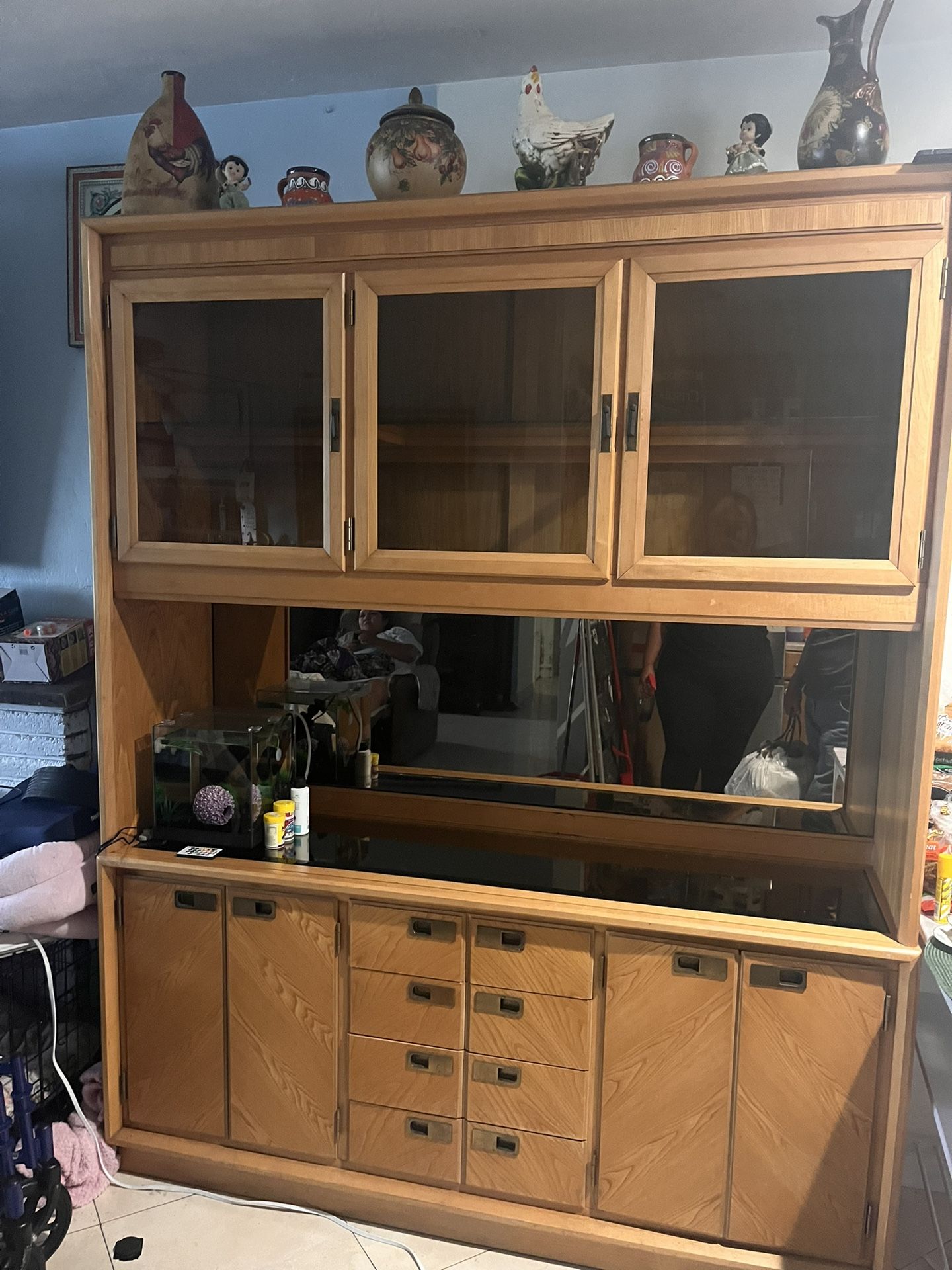 Wooden Cabinet With Glass Shelves .