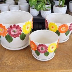 Flowered Ceramic Pot Set Of 3. Free Hole Drilling 