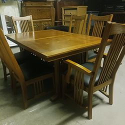 Solid Light Cherry Wood / Black Leather Dining Room Table Set