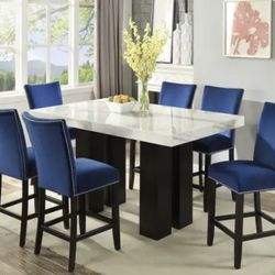 White -60” Square Marble Dining Table + 6 Blue Velvet Chairs  