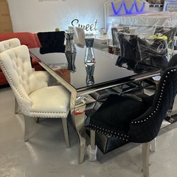New Black Glass Top Table /chrome Legs 71” K Furniture & More